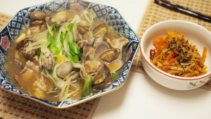 姫皮のきんぴらとあさりと豚バラのネギ風味